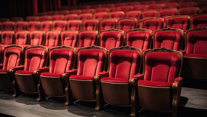 Naklejka premium Empty theater seats with red upholstery arranged in rows.
