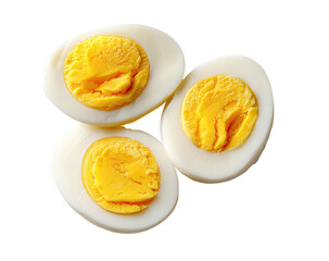 Three halved hard-boiled eggs, centered, showing the pale-yellow yolks