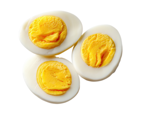 Three halved hard-boiled eggs, centered, showing the pale-yellow yolks