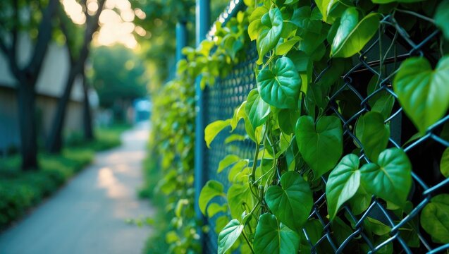 Lush green leaves on a fence along a tree-lined sidewalk with sunlight filtering through. Nature and greenery, concept. Plants and outdoor environment. The concept of foliage and natural surroundings - Powered by Adobe