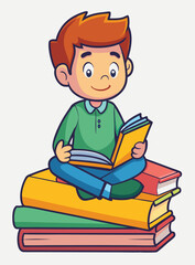 Contented red haired boy sits cross legged reading an open book atop a colorful book stack