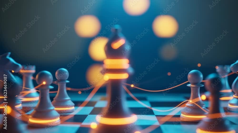 Poster a close-up view of a chessboard with illuminated pieces showcasing a strategic game in progress set 