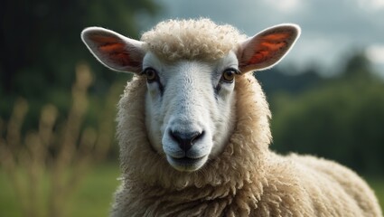 Close-up of a sheep with thick wool and expressive eyes, outdoors in a green grassy area. Livestock and farm animals, nature, animals, rural scenery.