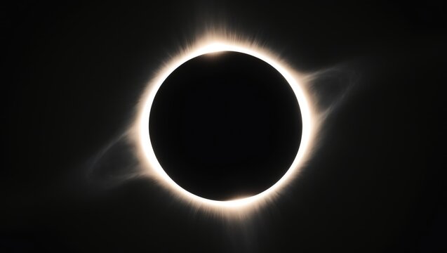 Eclipse of the sun with a dark silhouette and bright corona around the edges. Solar and astronomical phenomena. Space and celestial event.