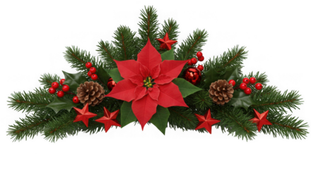 Festive christmas poinsettia arrangement with pinecones and red berries isolated on transparent background