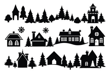 Set of house and building silhouettes city skyline with trees and towers vector illustration