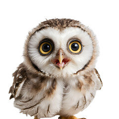Fototapeta premium An expressive close-up of a tiny, fluffy owlet with huge, captivating yellow eyes, looking directly forward with its beak open, isolated on a clean white background.