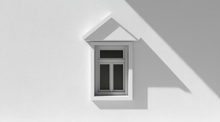 A simple white window with a triangular pediment, casting a shadow on a white wall