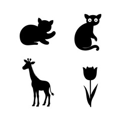 Collection of animal and flower silhouettes including a bear cat giraffe and tulip