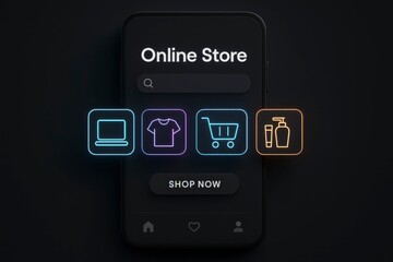 Explore online shopping with colorful neon icons on black smartphone for effortless retail therapy today