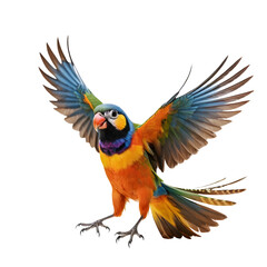 Obraz premium Vibrant and Dynamic Parrot in Flight Against a White Background, Showcasing its Brilliant Plumage and Spread Wings