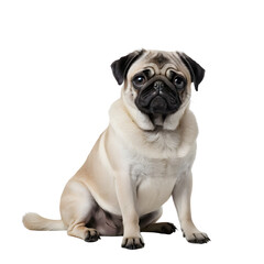 Obraz premium Adorable Fawn Pug Dog Sitting Calmly on a Pure White Background, a Charming Canine Portrait Ideal for Pet-Related Content and Animal Lover Themes.
