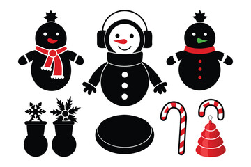 Set of funny Christmas icons including snowman Santa Claus tree gifts and holiday decorations vector illustration