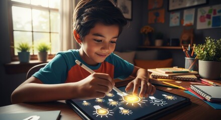 Child uses digital tablet, drawing lightbulb icons