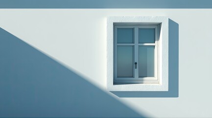 A white window framed by a light-blue wall, casting a diagonal shadow