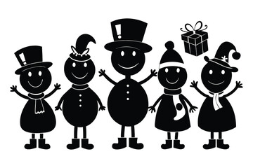 Set of people silhouettes in different poses cartoon holiday winter vector illustration