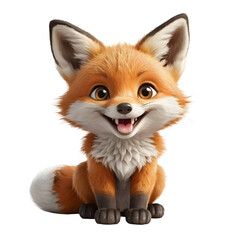 Obraz premium A cute and cheerful baby red fox character sitting down. Adorable smiling woodland animal with big eyes, isolated 3D style digital illustration.