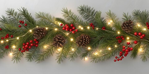 Winter Christmas Garland Decoration – Pine, Berries, and Lights – Isolated Design