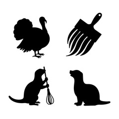 Four silhouette icons featuring a turkey paintbrush and two otters