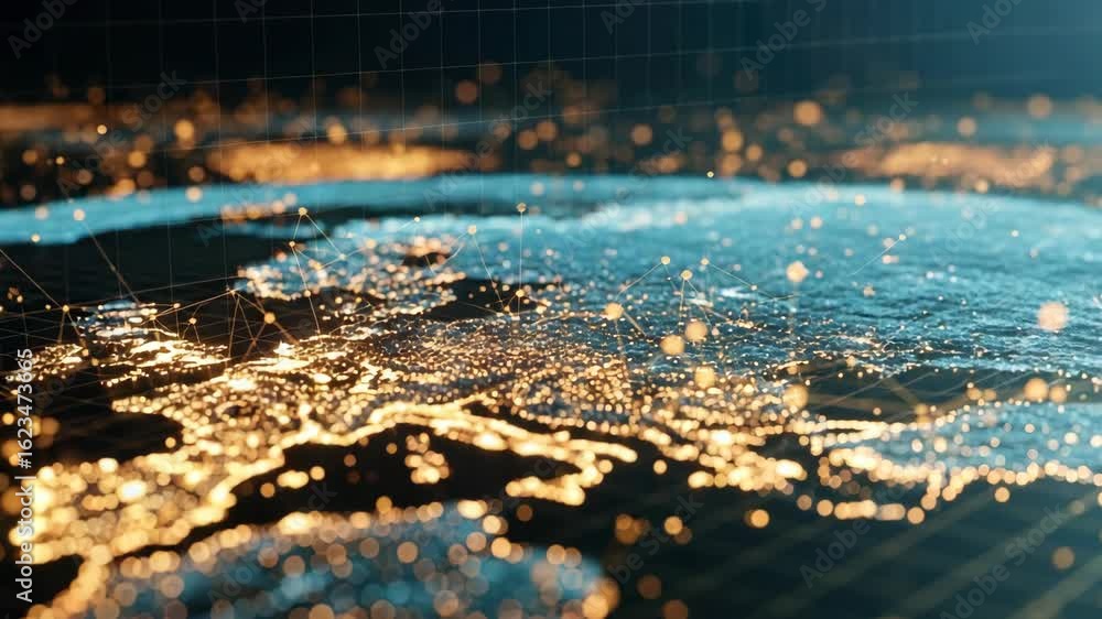 Poster a stunning aerial view of a digital map showcasing illuminated cityscapes and geographical features 