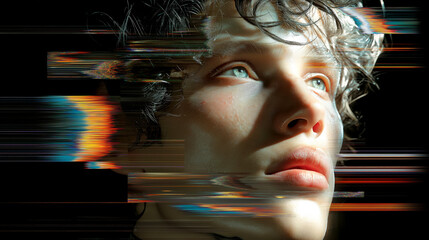 Vivid Glitch Portrait: Artistic Fusion of Human Expression and Digital Surrealism
