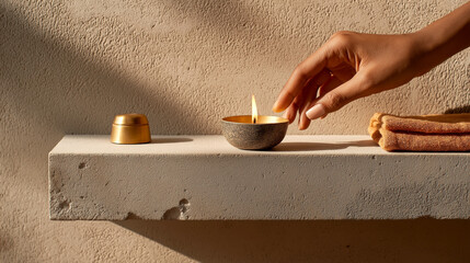 Hand Lighting Candle on Stone Surface with Warm Textures and Ambient Shadows