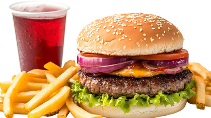 A burger and fries with a cup of red soda. The burger is topped with onions and tomatoes