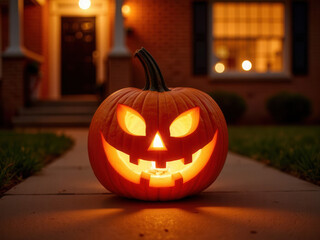 Fototapeta premium Lighted Halloween pumpkin with carved face on front porch at night 