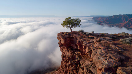 Solitary Tree on Crimson Cliff Above Sea of Clouds landscape