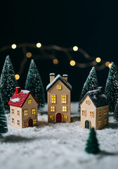 An enchanting Christmas display featuring small houses with soft light shining from the windows on a snowy ground