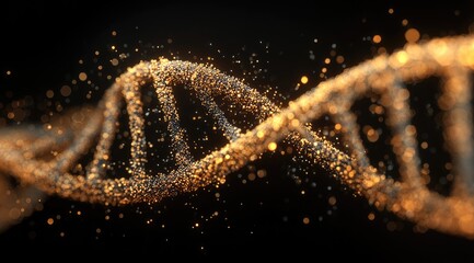 Golden DNA helix,  detailed structure, glowing particles