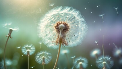 Dandelion seed head with floating seeds in soft sunlight and blurred background. Nature and botanical elements. The concept of fragility and renewal.