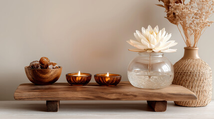 Elegant Spa Serenity: Lotus, Candles, and Dried Decor on Wooden Display