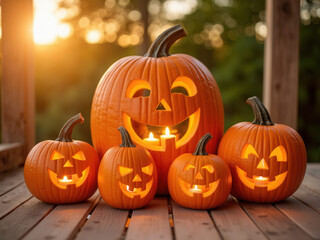 Obraz premium Halloween pumpkins with carved faces glowing on wooden deck at sunset 