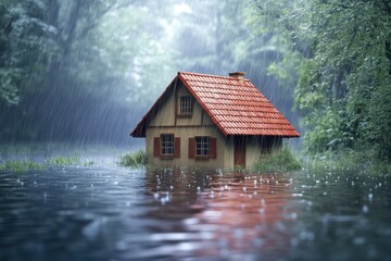 A house is partially submerged in floodwater during a heavy rainstorm