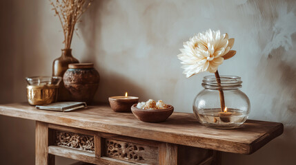 Rustic Wooden Table with Candle and Flower in Jar: A Cozy, Minimalistic Interior Setting