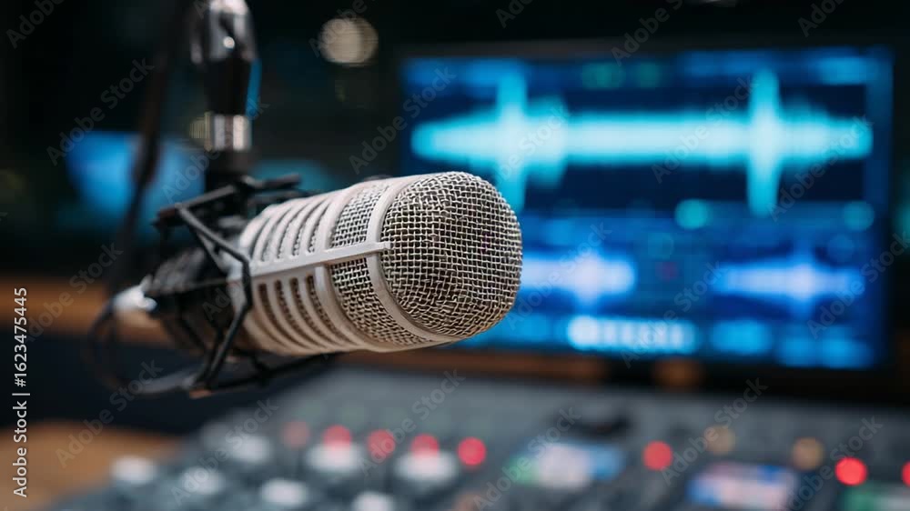 Poster close-up of microphone diaphragm mesh with blurred sound mixer knobs and waveform on screen in the b