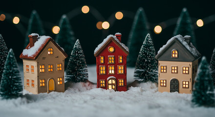 Festive ceramic houses with warm, glowing windows and snowy roofs, surrounded by miniature evergreen trees