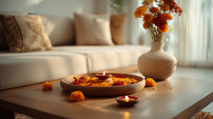 Cozy Living Room Decor with Candles and Marigold Flowers for a Tranquil Atmosphere