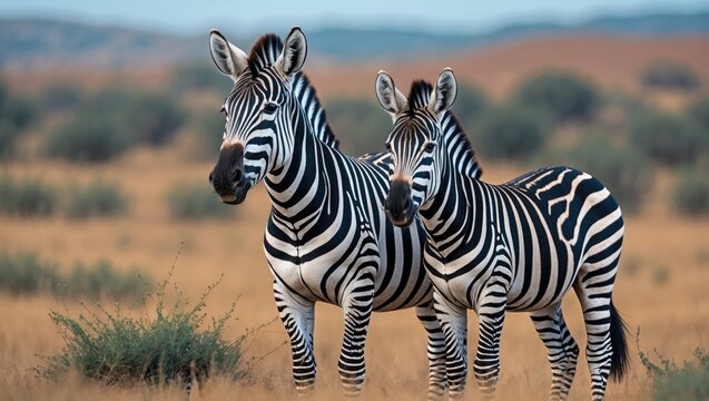 Two zebras standing in the grassland with a blurred landscape background. Wildlife and nature scene, animals in the wild. Zebras, stripes, and savannah habitat. - Powered by Adobe