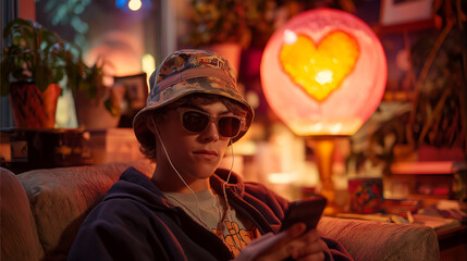 Trendy Teen Using Smartphone in Cozy Retro Room with Heart-Shaped Lamp