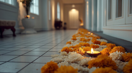 Warm Candlelit Path Adorned with Marigold Petals in Serene Hallway Setting