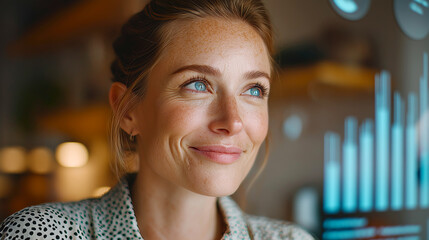 Smiling Businesswoman Analyzing Data on Digital Interface in Modern Office Environment