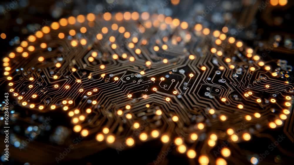 Poster conceptual image of a brainlike circuit board with pulsating lights signifying the deep connection b