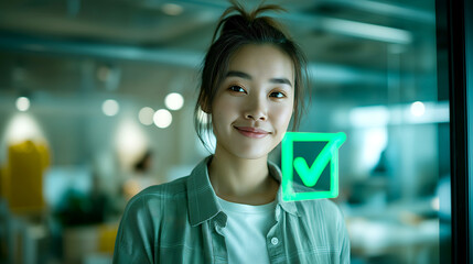 Confident Young Woman in Office Setting with Green Check Mark Hologram, Symbolizing Success and Innovation
