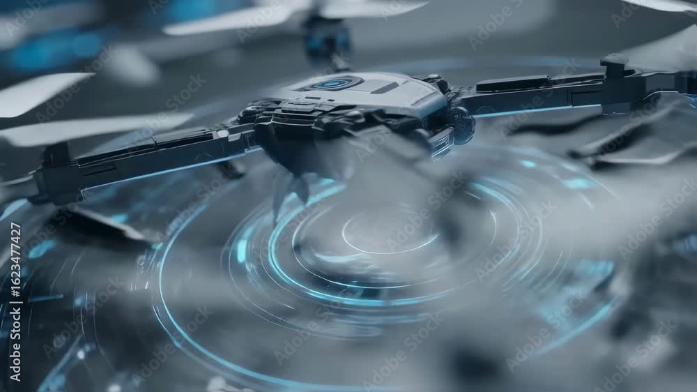 Poster modern white drone with spinning propellers hovering over a futuristic blue hologram interface displ