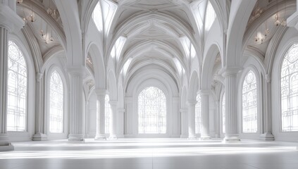 Fototapeta premium Grand, white, arched hall with stained glass windows. Vast, elegant space