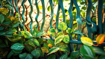 Vines and green leaves growing on a metal fence, capturing sunlight and creating a lush, vibrant scene.