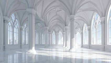 Vast, white cathedral-like hall with high vaulted ceilings, columns, and large arched windows