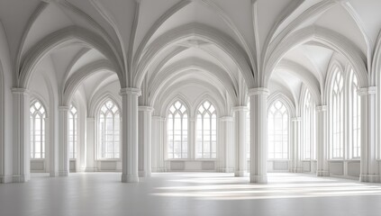 Grand, white, arched hall with tall columns and Gothic windows